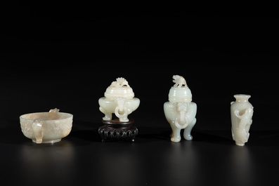 Two Chinese celadon jade censers, a snuff bottle and a two-handled cup, Ming and later