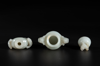 Two Chinese celadon jade censers, a snuff bottle and a two-handled cup, Ming and later