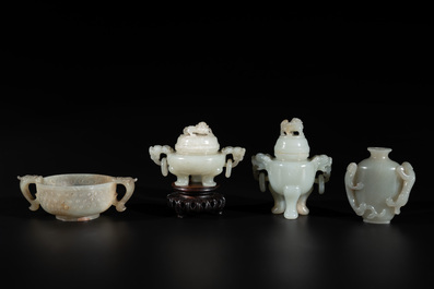 Two Chinese celadon jade censers, a snuff bottle and a two-handled cup, Ming and later