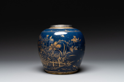 A Chinese gilt-decorated powder-blue 'phoenix' jar with a later silver cover, Qianlong