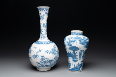 Two blue and white Dutch Delft chinoiserie vases, 17th C.