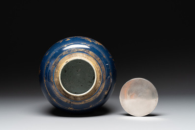 A Chinese gilt-decorated powder-blue 'phoenix' jar with a later silver cover, Qianlong