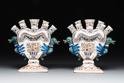 A pair of polychrome Dutch Delft cashmere palette tulip vases, 19th C.