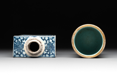 Five Chinese blue, white and famille rose wares, Qianlong and Xianfeng marks, 19/20th C.