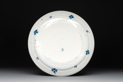 A blue and white Dutch Delft 'crowned monogram' plate, 18th C.