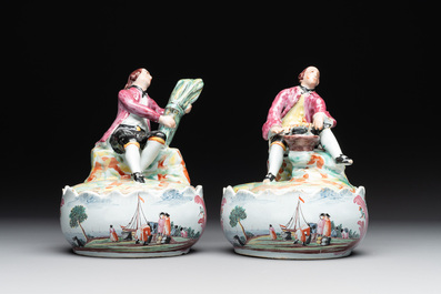 A pair of polychrome Dutch Delft petit feu butter tubs with allegorical depictions of the seasons, 18th C.