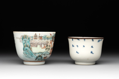 Five Chinese blue, white and famille rose wares, Qianlong and Xianfeng marks, 19/20th C.