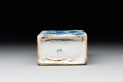 A blue and white Dutch Delft tea caddy with narrative design, early 18th C.