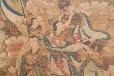 Chinese school: 'A sky full of Buddhist divinities', ink and colour on silk, 18th C.