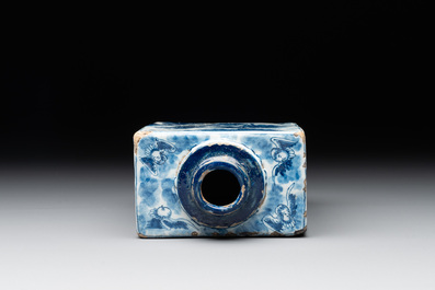A blue and white Dutch Delft tea caddy with narrative design, early 18th C.