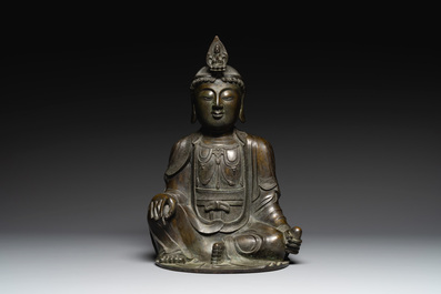 A Chinese bronze Bodhisattva on a lotus throne, Ming