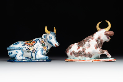 Four polychrome and petit feu Dutch Delft cows, 18th C.