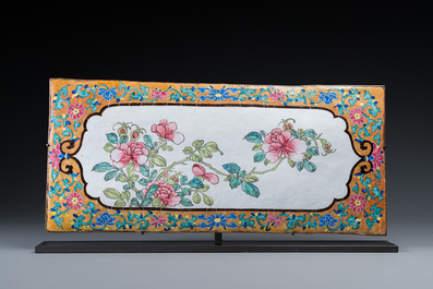 A large rectangular Chinese gold-yellow-ground Canton enamel plaque with fine floral design, Yongzheng