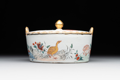 A polychrome Dutch Delft petit feu 'chinoiserie' butter tub and cover, 18th C.