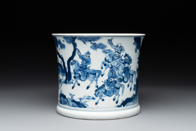 A rare Chinese blue and white 'Mongolian hunt' brush pot, Wen Zhang Shan Dou 文章山斗 mark, Kangxi