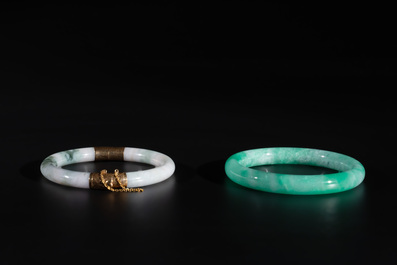 Two Chinese jadeite bracelets, one with 14K gold mounts, 19/20th C.