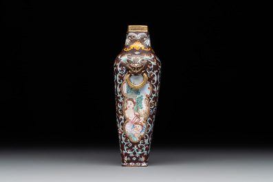 A square Chinese Canton enamel 'European subject' vase, Qianlong mark and probably of the period