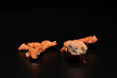A Chinese pink-orange coral group of a goddess of spring, a wise man and children in a pine tree, 19/20th C.