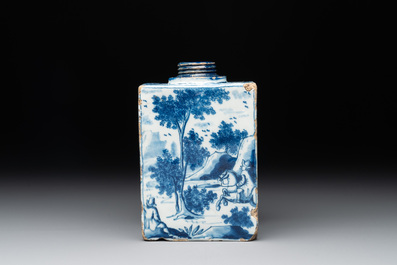 A blue and white Dutch Delft tea caddy with narrative design, early 18th C.