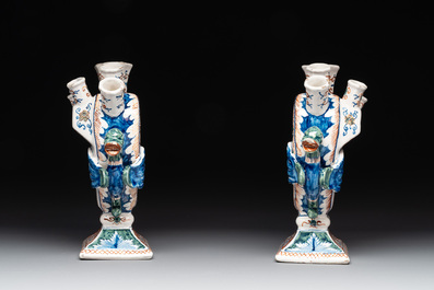 A pair of polychrome Dutch Delft cashmere palette tulip vases, 19th C.