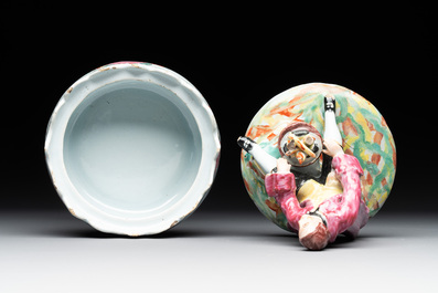 A pair of polychrome Dutch Delft petit feu butter tubs with allegorical depictions of the seasons, 18th C.