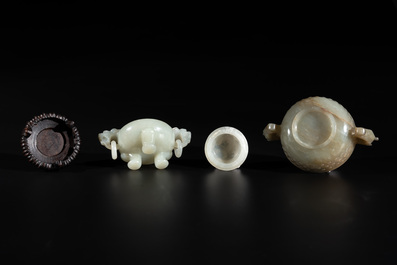 Two Chinese celadon jade censers, a snuff bottle and a two-handled cup, Ming and later
