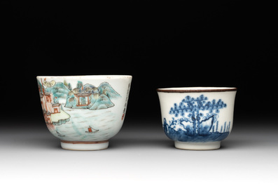 Five Chinese blue, white and famille rose wares, Qianlong and Xianfeng marks, 19/20th C.