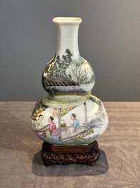A compressed Chinese famille rose 'silk production' double-gourd vase, Republic