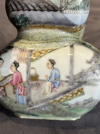 A compressed Chinese famille rose 'silk production' double-gourd vase, Republic