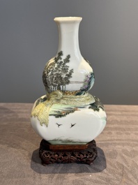A compressed Chinese famille rose 'silk production' double-gourd vase, Republic