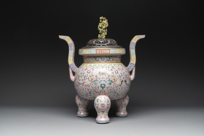 A large and impressive Chinese famille rose 'bajixiang and lotus scroll' censer with a wooden cover, Jiaqing mark and of the period