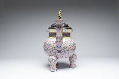 A large and impressive Chinese famille rose 'bajixiang and lotus scroll' censer with a wooden cover, Jiaqing mark and of the period