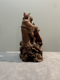A Chinese carved wooden 'Fu Lu Shou' group, 19/20th C.
