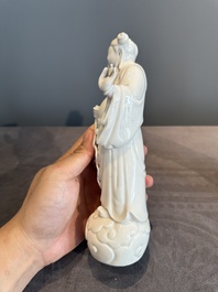 A pair of Chinese white-glazed figures and two Dehua blanc de Chine figures, 18th C. and Republic
