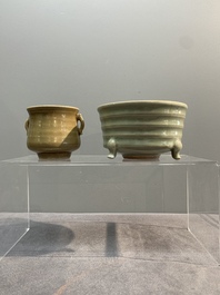 Two Chinese Longquan celadon incense burners and three saucers, Yuan/Ming