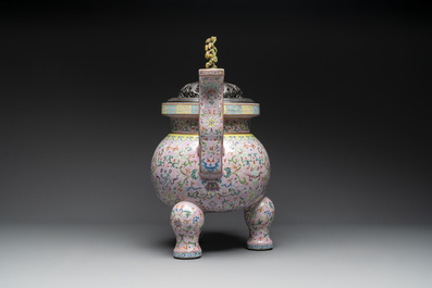 A large and impressive Chinese famille rose 'bajixiang and lotus scroll' censer with a wooden cover, Jiaqing mark and of the period