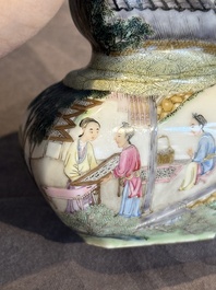 A compressed Chinese famille rose 'silk production' double-gourd vase, Republic