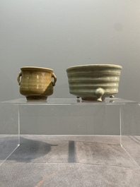 Two Chinese Longquan celadon incense burners and three saucers, Yuan/Ming