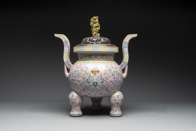 A large and impressive Chinese famille rose 'bajixiang and lotus scroll' censer with a wooden cover, Jiaqing mark and of the period