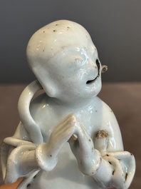 A pair of Chinese white-glazed figures and two Dehua blanc de Chine figures, 18th C. and Republic