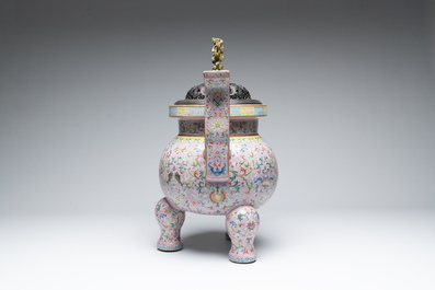 A large and impressive Chinese famille rose 'bajixiang and lotus scroll' censer with a wooden cover, Jiaqing mark and of the period