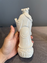 A pair of Chinese white-glazed figures and two Dehua blanc de Chine figures, 18th C. and Republic