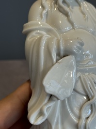 A pair of Chinese white-glazed figures and two Dehua blanc de Chine figures, 18th C. and Republic