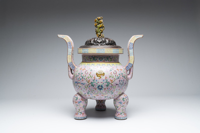A large and impressive Chinese famille rose 'bajixiang and lotus scroll' censer with a wooden cover, Jiaqing mark and of the period