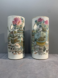 Two Chinese qianjiang cai 'antiquities' hat stands, signed Xu Pinheng 許品衡, Guangxu mark, dated 1892 and 1894