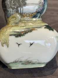 A compressed Chinese famille rose 'silk production' double-gourd vase, Republic