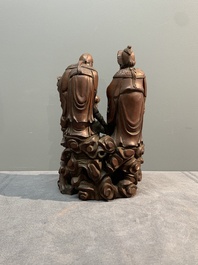 A Chinese carved wooden 'Fu Lu Shou' group, 19/20th C.
