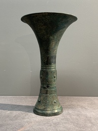 A Chinese archaic bronze ritual wine vessel, 'gu 觚', Shang