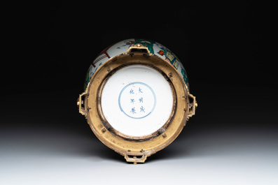 A Chinese doucai vase with gilt bronze mount, Chenghua mark, 19th C.