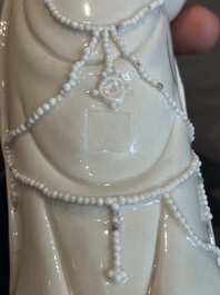 A pair of Chinese white-glazed figures and two Dehua blanc de Chine figures, 18th C. and Republic